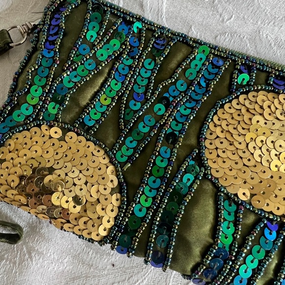 Teal sequence evening clutch abstract gold circles and wavy green blue stripes - Picture 2 of 8